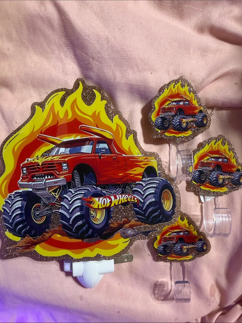 Hot Wheels Monster Truck night light and 3 piece Wall Hooks - Red & Yellow